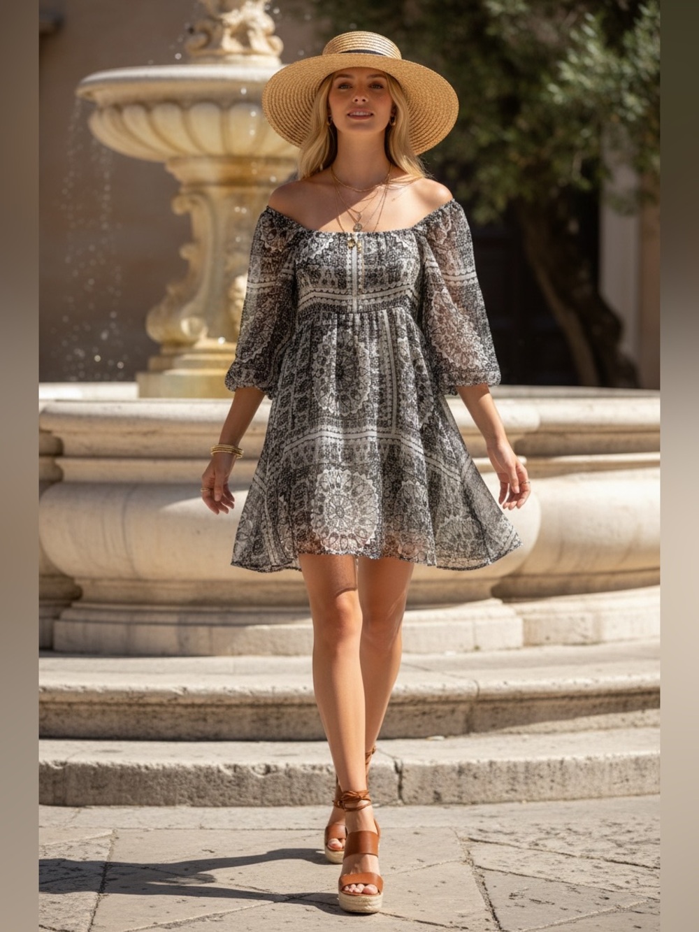 232 • Boho Off-Shoulder Printed Mini Dress